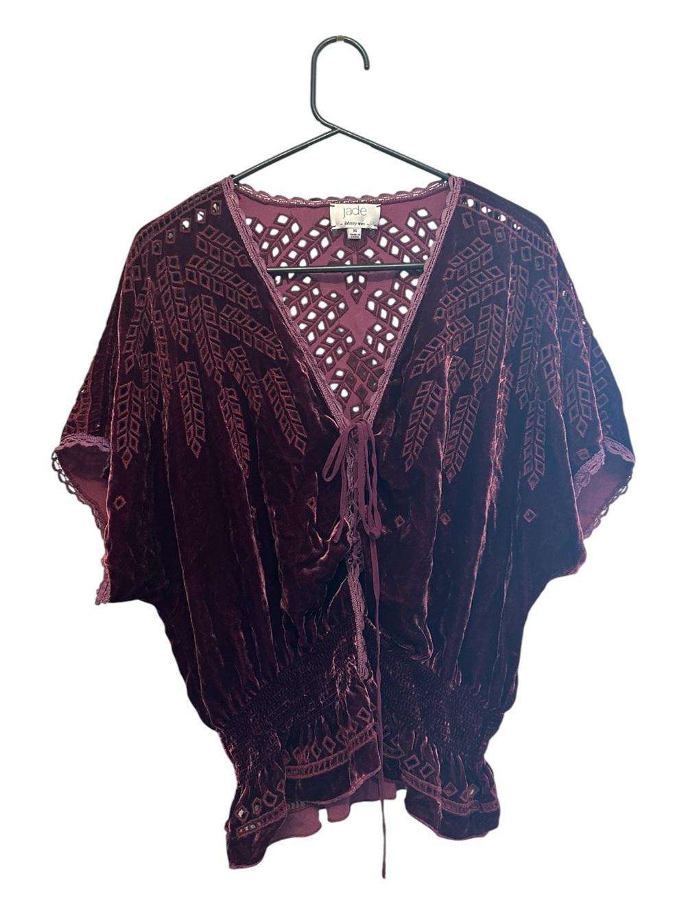 Y2K Era Johnny Was Jade Wine Velvet Embroidered Boho Tie-Front Blouse XS